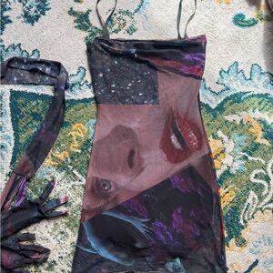 Aune Collections Tromp L’Oeil Print Mesh Slip Dress in Black & Purple